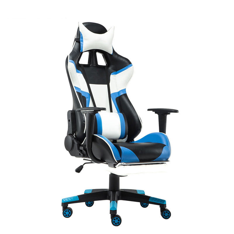 blue black and white gaming chair