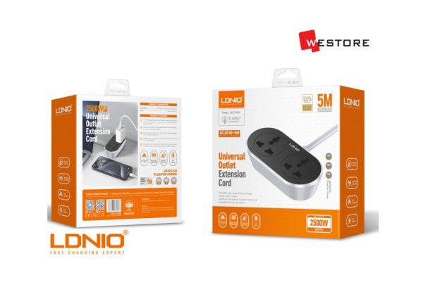 LDNIO 2 AC OUTLET UNIVERSAL EXTENSION POWER SOCKET SC2018 5M CABLE 2500W
