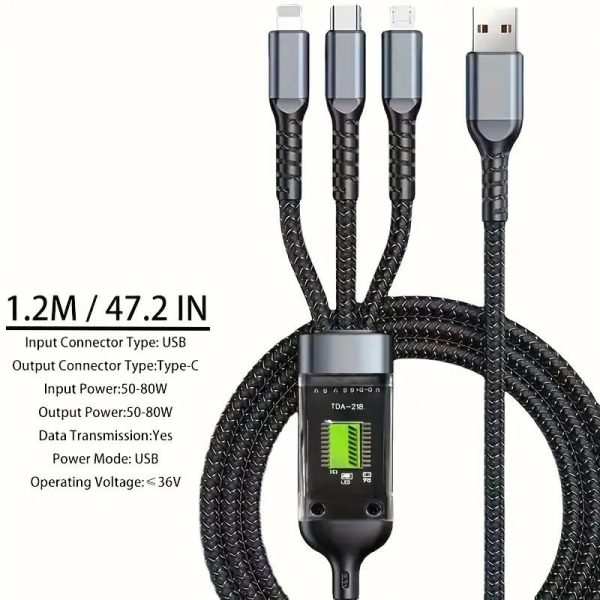 SUPER FAST CHARGING CABLE 3-IN-1  100W, TYPE-C/LIGHTNING/MICRO - Image 3