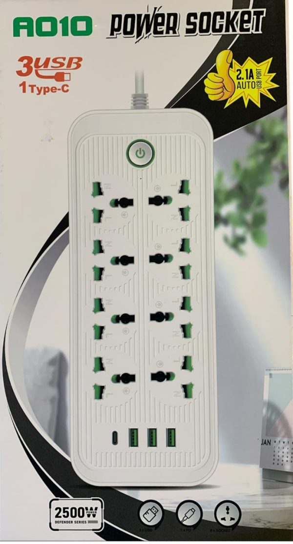 POWER SOCKET A010  8 SOCKET 3 USB 1 TYPE C 2500W 2M - Image 2