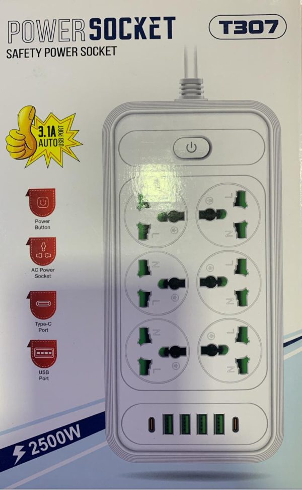 POWER SOCKET A010  8 SOCKET 3 USB 1 TYPE C 2500W 2M