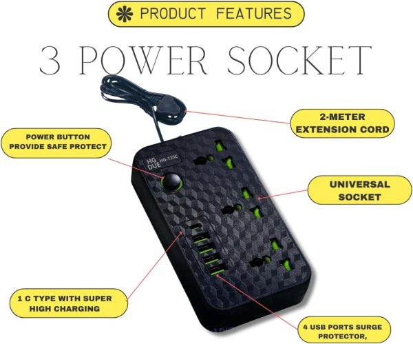 POWER SOCKET HG DUE 2M  3 POWER SOCKET 4 USB +TYPE -C HG-135C - Image 4